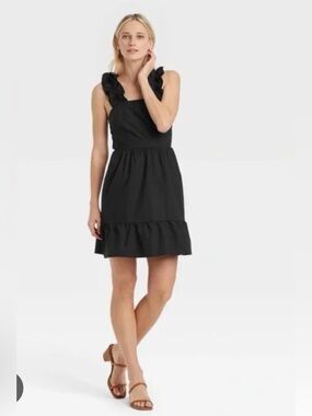 Who What Wear Black Ruffle-Shoulder Mini Dress Medium Backless Cotton